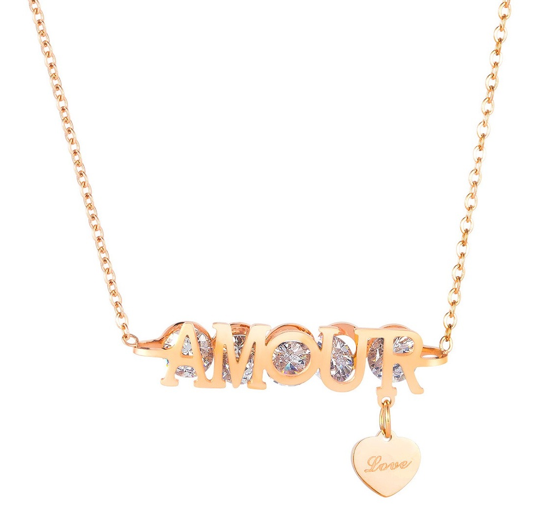 Necklace AG-SS-10164 Small MOQ Love Heart AMOUR Lettet Zircon Stainless steel Rose Gold necklace low price for woman girls