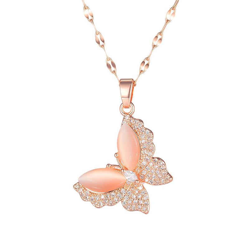 Necklace AG-SS-N10212 Butterfly Opal Zircon Rose Gold Plated Zinc AlloyTitanium Steel Women New Design Jewelry Factory