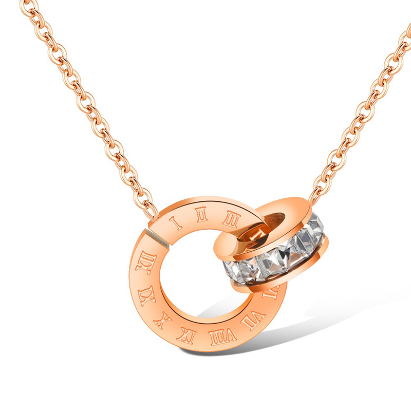 Latest Zircon Double Loop Rose Gold Stainless Steel Necklace Small Square CZ Roman Numerals Necklace