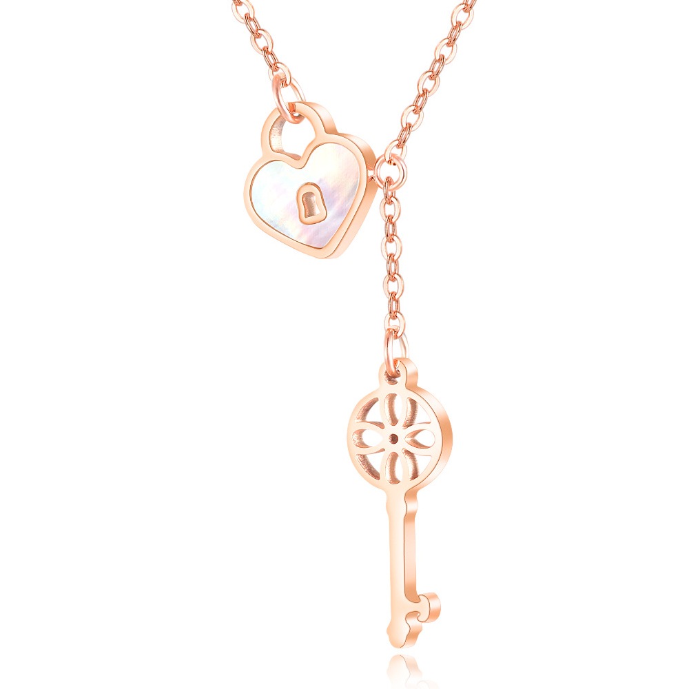 Natural Shell Love Heart and Key Stylish Titanium Steel Rose Gold Necklace Charm Gift Jewelry for Women Girls