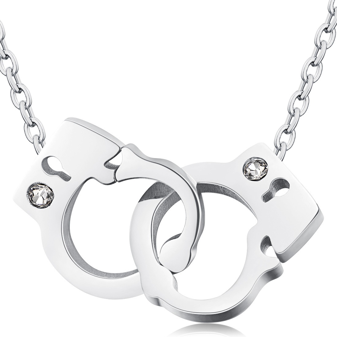 Factory price Charming Handcuffs Crystal Love Silver Rose Gold Stainless steel necklace Double Ring Handcuffs Pendant Necklace Jewelry Factory