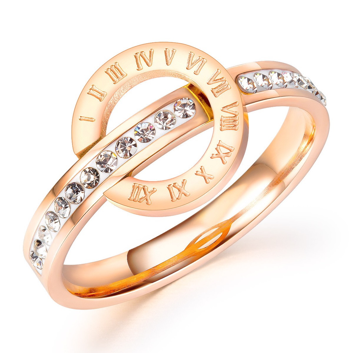 Rings AG-SS-R70135 Stylish personality Number and Zircon Rose Gold Plated Stainless Steel Rings Women Fashion Jewelry Factory Price