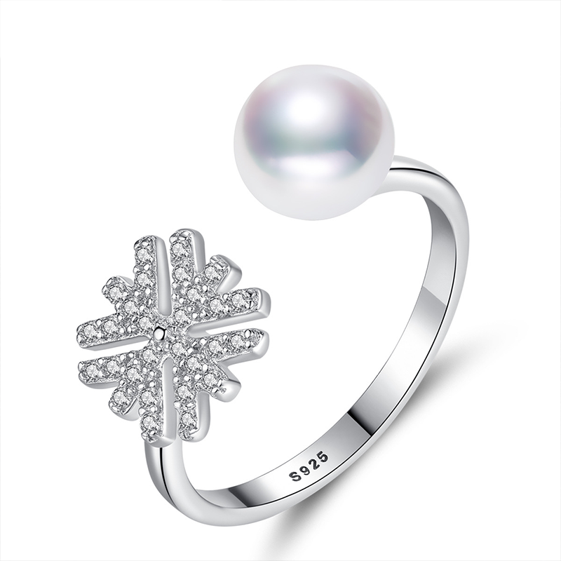 Romantic Snowflake Freshwater Pearl 925 sterling Silver Rings Open Adjustable Ring Women Gift Jewelry Factory Price