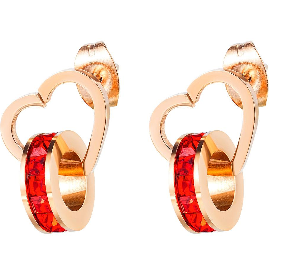 Factory Price Heart and Red Zircon Circle Gold Plated Stainless Titanium Steel Earrings Beauty Fashion Gift ornaments Manufacture