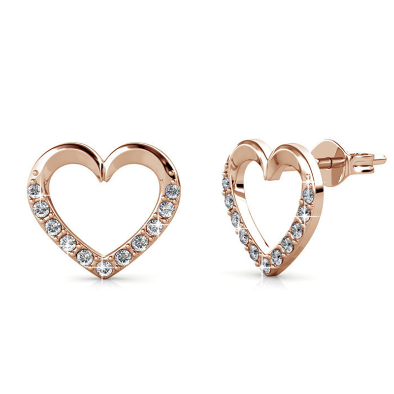 Small MOQ Hot Sale Simple Heart Hollow Earrings Korean Girl Sweet Heart Crystal Stud Earrings