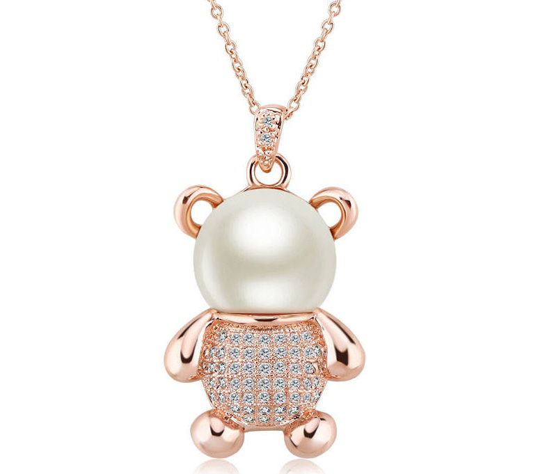 Factory Price Beautiful Cute Bear Crystal & Fresh Pearl Gold Plated Pendant Necklace Fashion Gift Jewelry manufacture