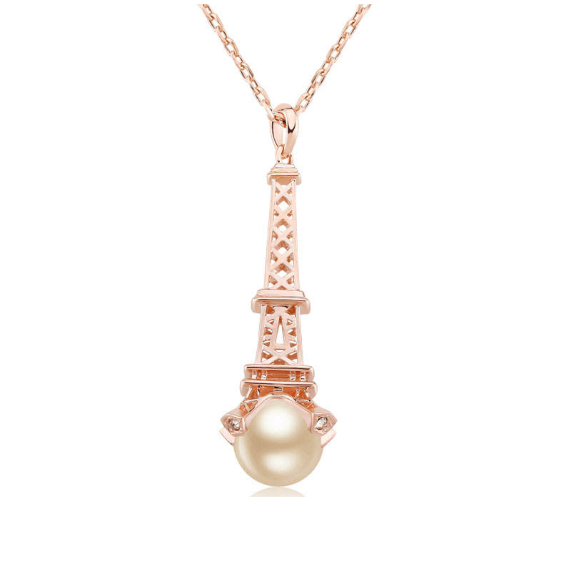 Small MOQ Beautiful Eiffel Tower Fresh Pearl Gold Plated Pendant Necklace New arrival Fashion Women Gift Jewelry manufacture
