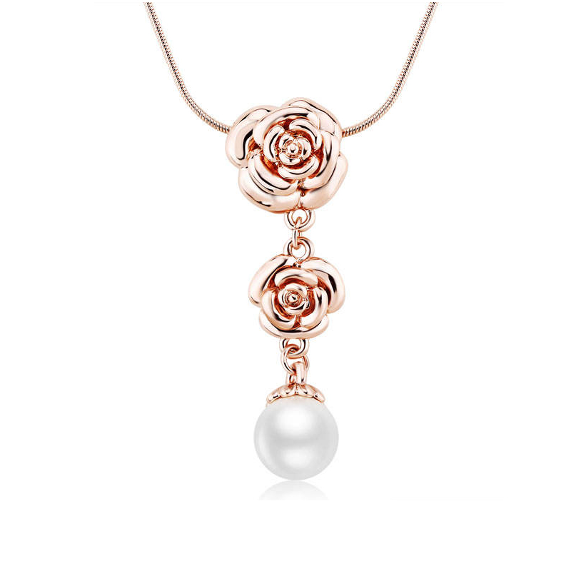 Small MOQ Beautiful Rose Flower Fresh Pearl Gold Plated Pendant Necklace New arrival Fashion Women Gift Jewelry manufacture