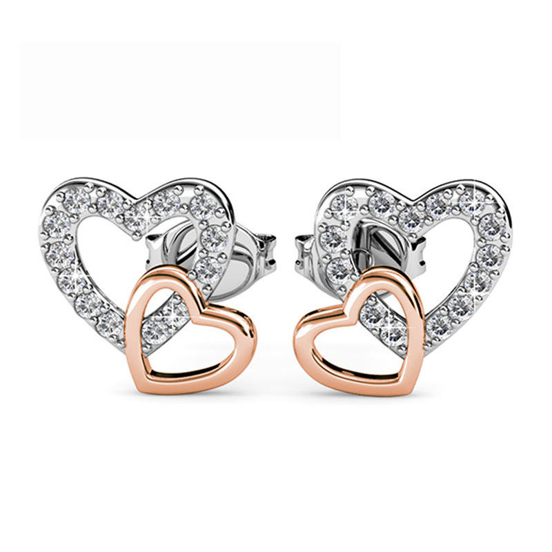 Small MOQ S925 Simple Mixed 18K White Gold And Yellow Gold Double Interlocking Girl's Heart-shaped Crystal Stud Earrings Jewellery