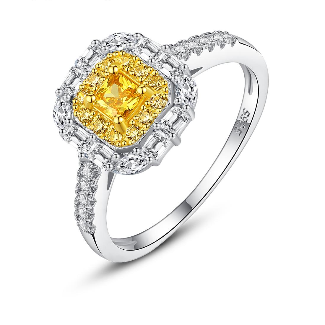 Factory Price Royal Square Yellow Topaz Austrian Crystal 925 Sterling Silver Rings Beautiful Fashion Gift Jewelry for woman