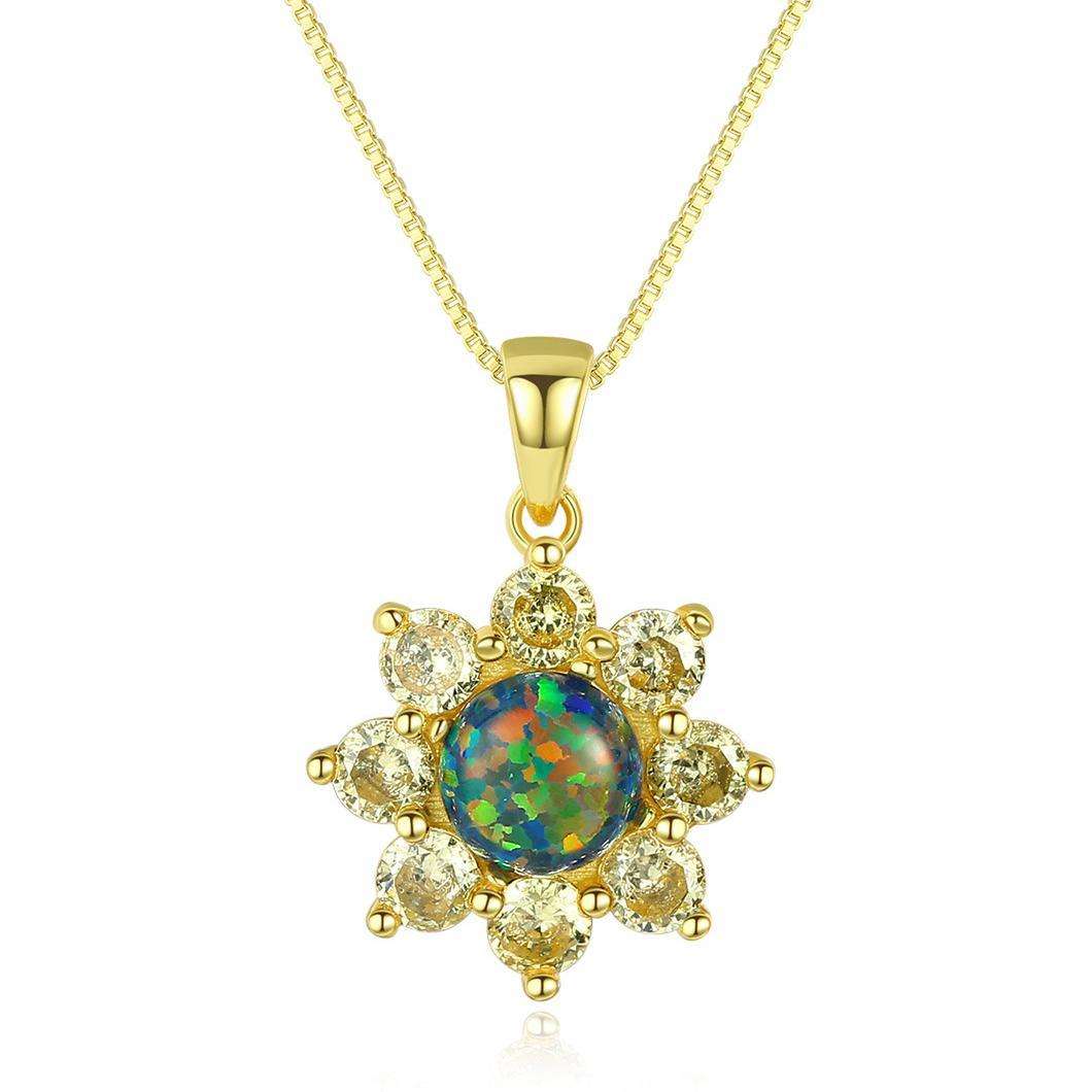 AG Fashion Sun Flower Opal stone 925 Sterling Silver Gold plated pendant Necklace Fashion Gift Jewelry for woman Y10669