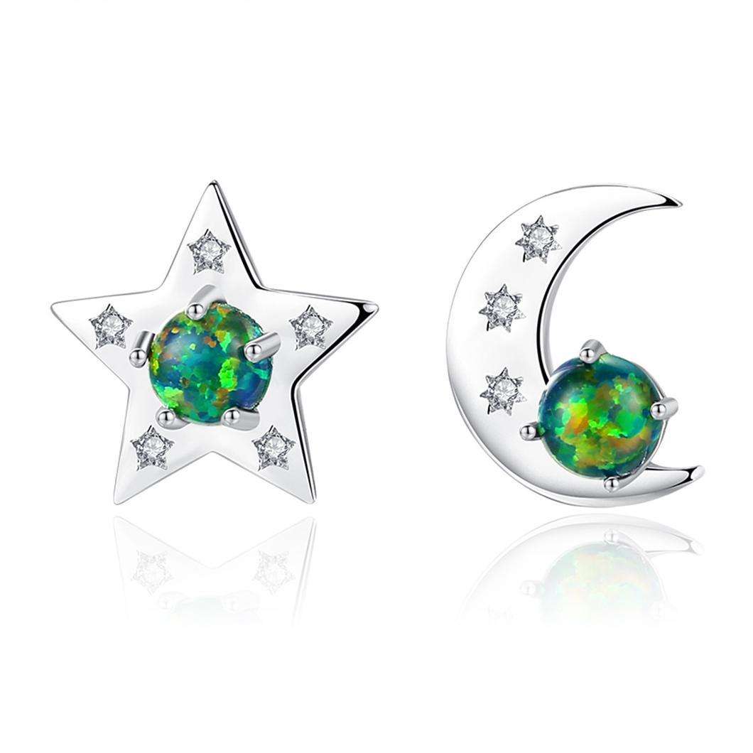 Small MOQ Moon & Star Opal stone Zircon 925 Sterling Silver stud Earrings Beautiful Fashion Gift Jewelry for woman Girls Y21160