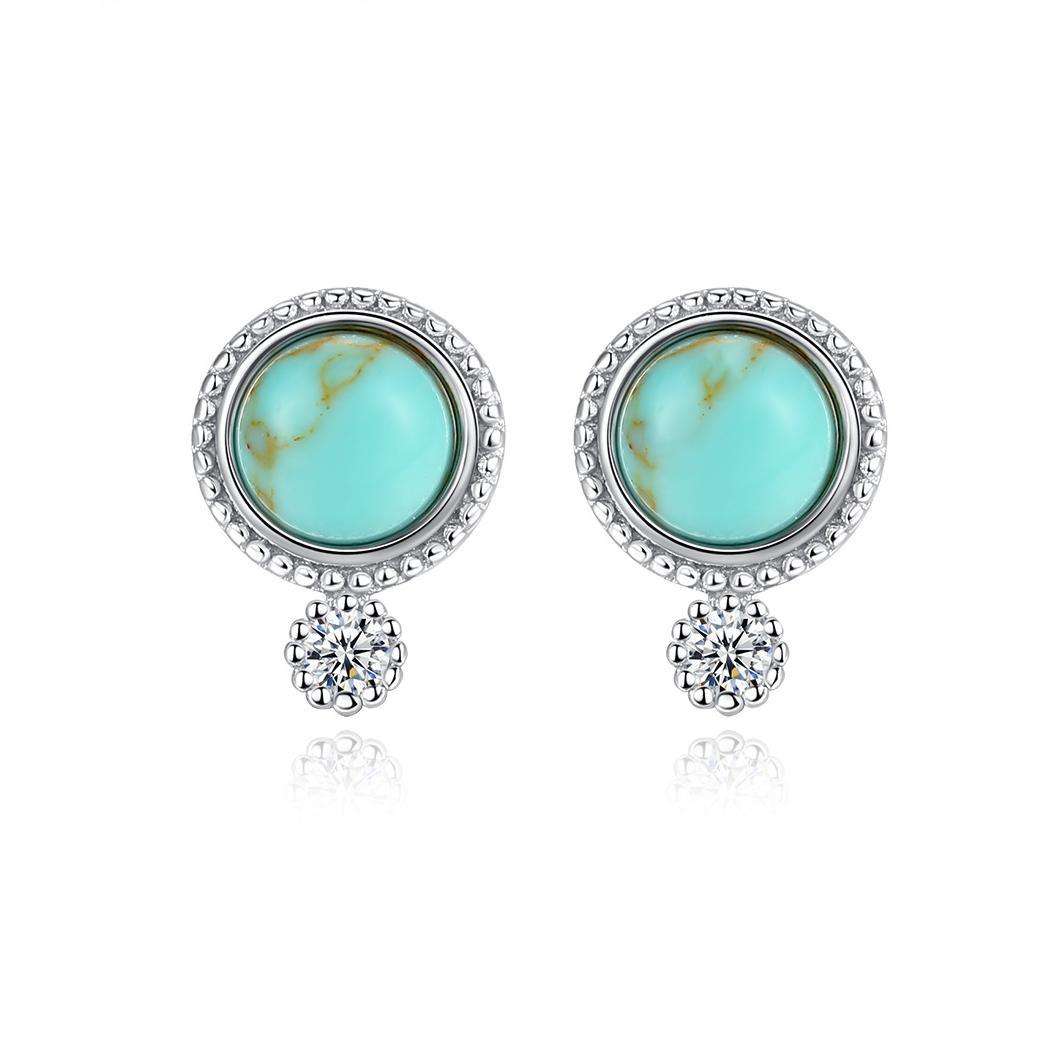 Factory Price Beautiful Turquoise Round Opal stone Zircon 925 Sterling Silver stud Earrings Fashion Gift Jewelry for woman Y21162