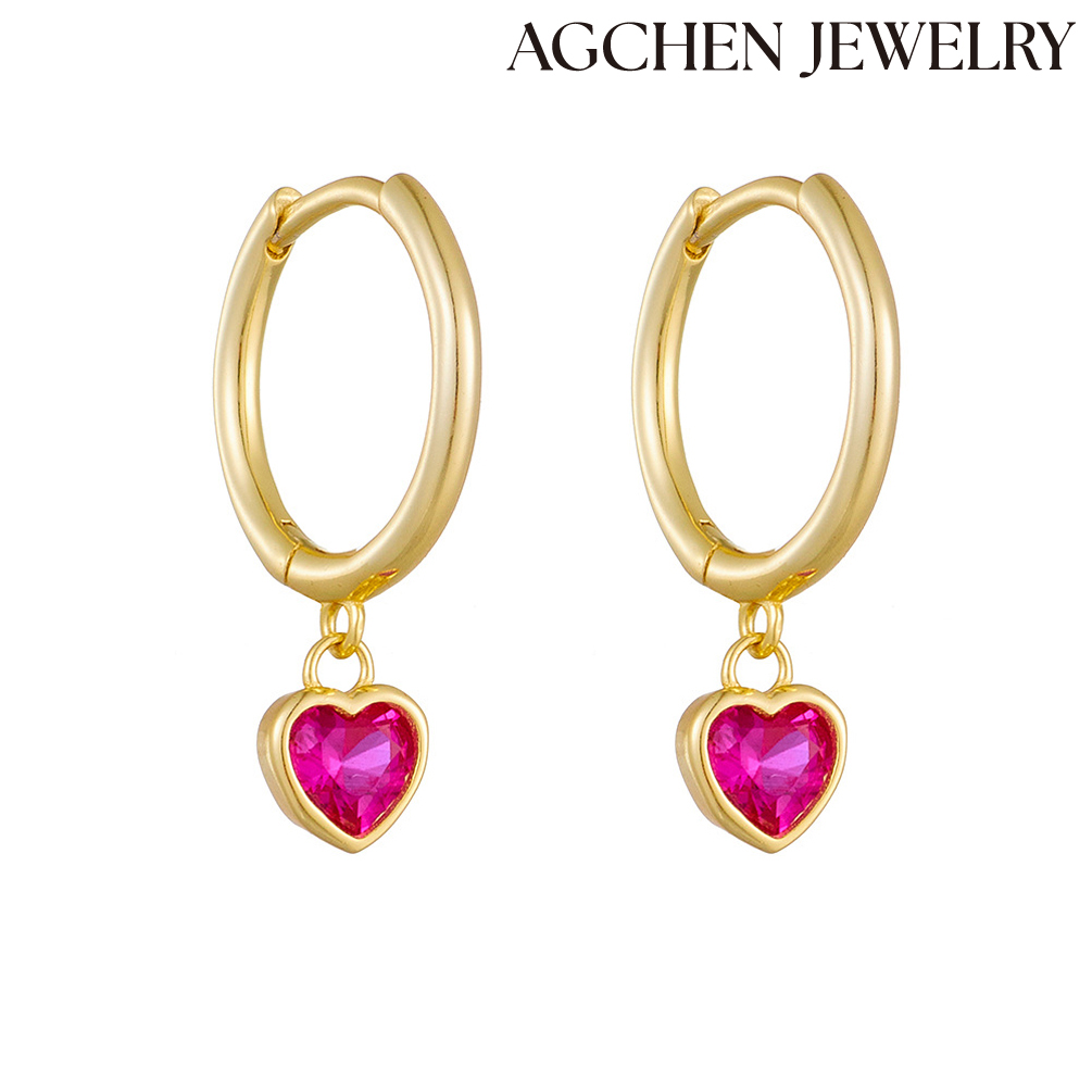 AGCHEN S925 European and American hot-selling  Sterling Silver Rose Pink Heart-Shaped Zirconia Accent Earrings