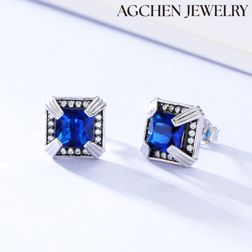 AGCHEN Foreign trade Europe and America fashion square micro-inset zircon earrings ladies S925 sterling silver earrings wholesale