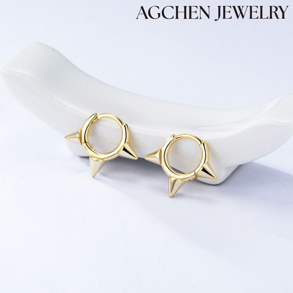 AGCHEN s925 Sterling silver fashion vintage cone earrings female European and American personality punk sharp piercing ring earrings AGKE0525