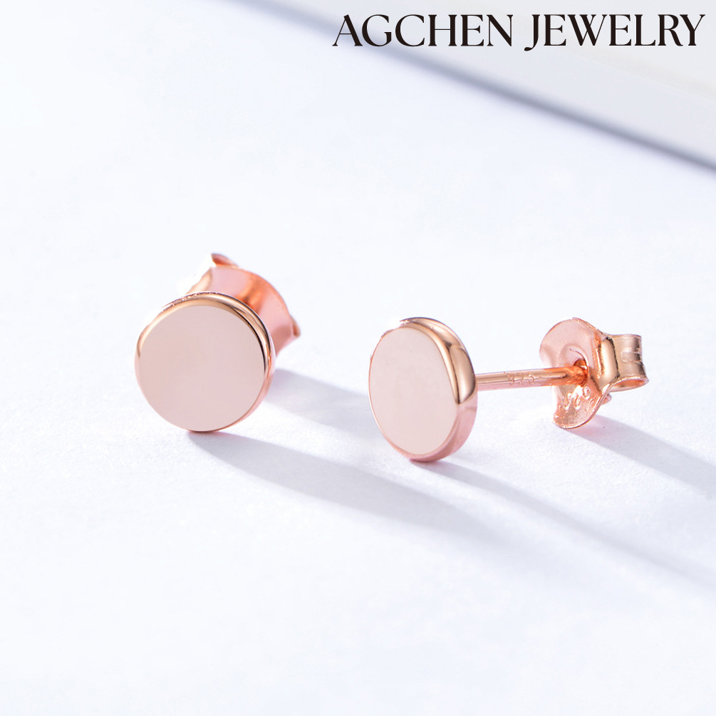 AGCHEN S925 Sterling silver electroplated rose gold round earrings European and American personality simple geometric smooth earrings