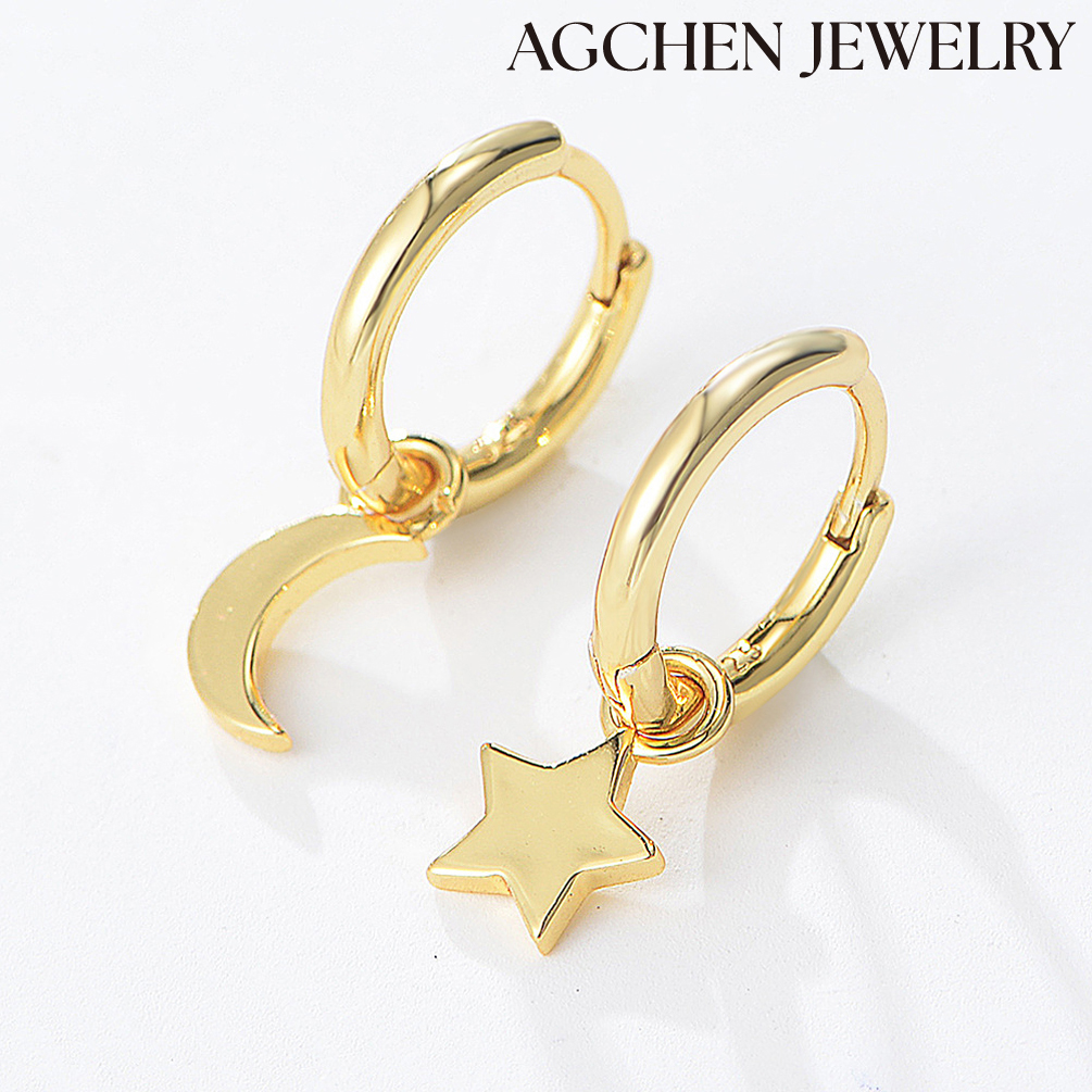 AGCHEN New design Korean version s925 Silver star Moon earrings female Korean temperament personality trend asymmetrical earrings AGKE1252