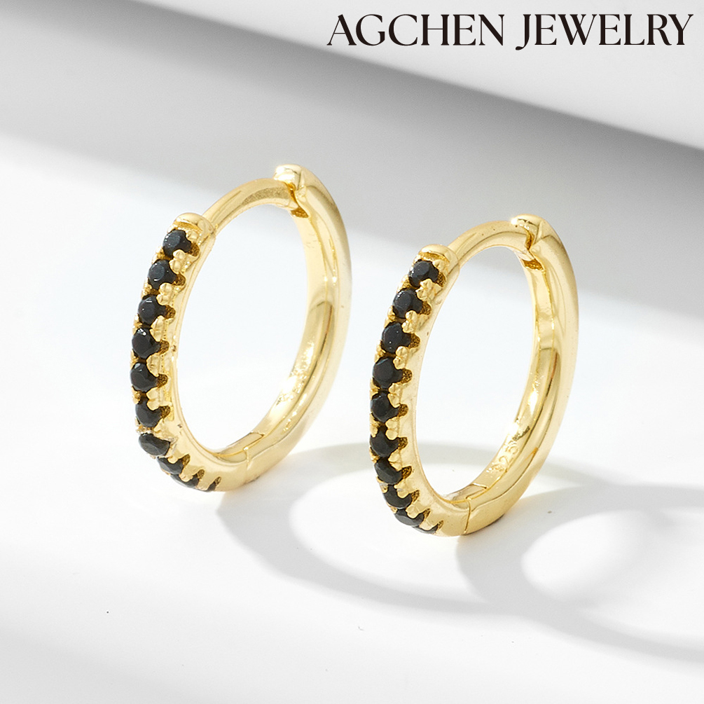 AGCEHN S925 Sterling Silver Round Earrings Inlaid with Black Zirconia temperament women earrings manufacturers direct sale AGKE1083