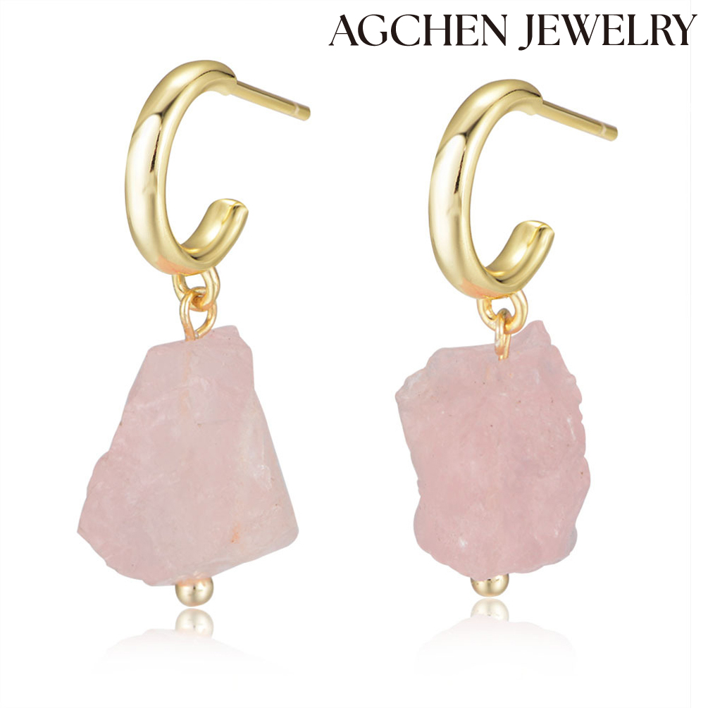 AGCHEN  Huggie rose quartz stud earrings large raw crystal earring  Europe and the United States Ins hot sale AGKE1187