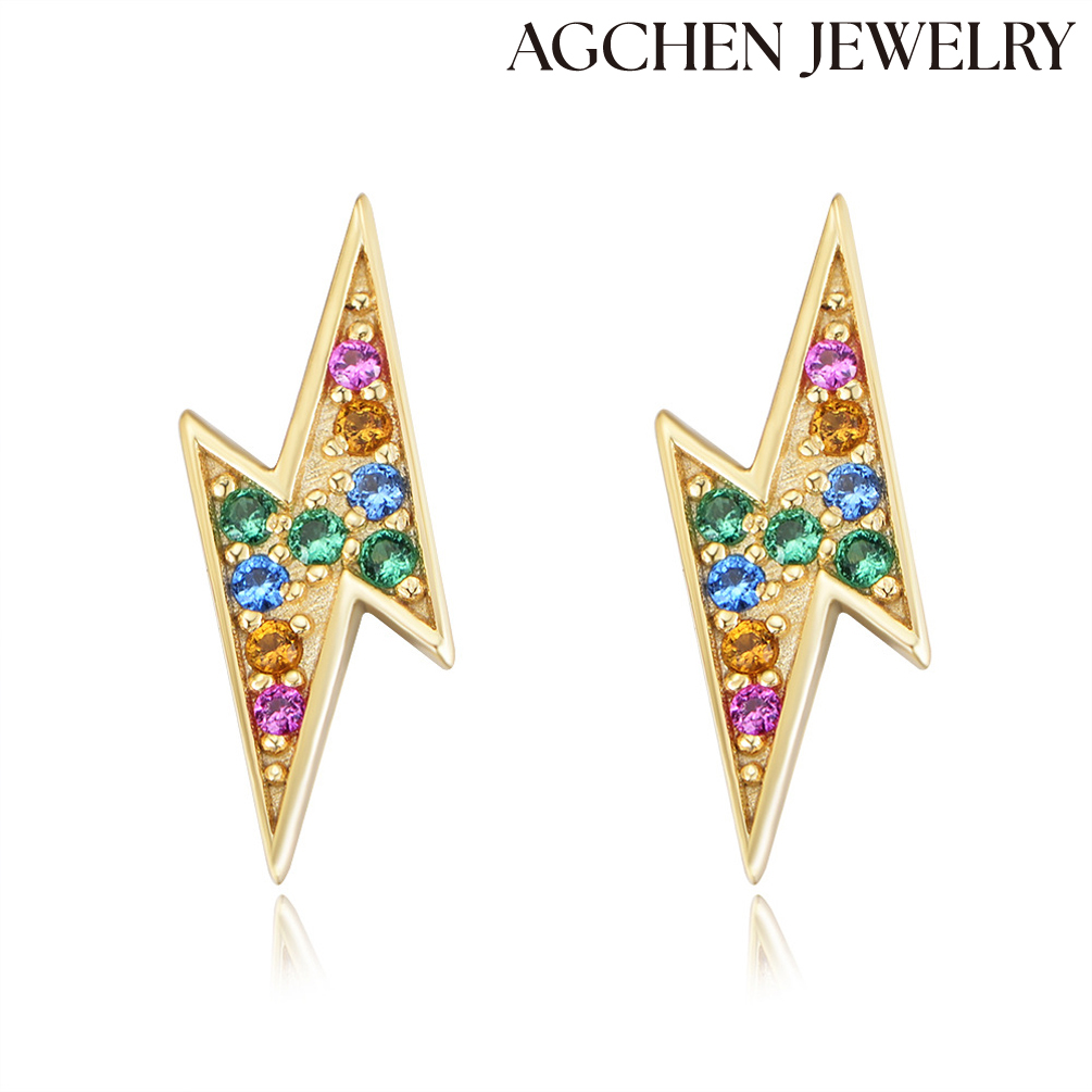 AGCHEN S925 sterling silver micro-inset color zircon earrings female Korean simple geometric lightning earrings all matching jewelry AGKE0532