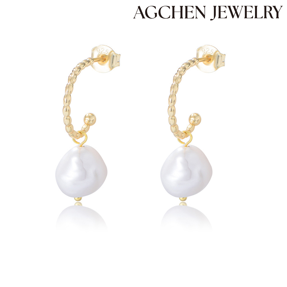 AGCHEN s925 Sterling silver C-shaped earrings Natural irregular freshwater pearl earrings ins vint AGe Everything earrings for women AGKE2482