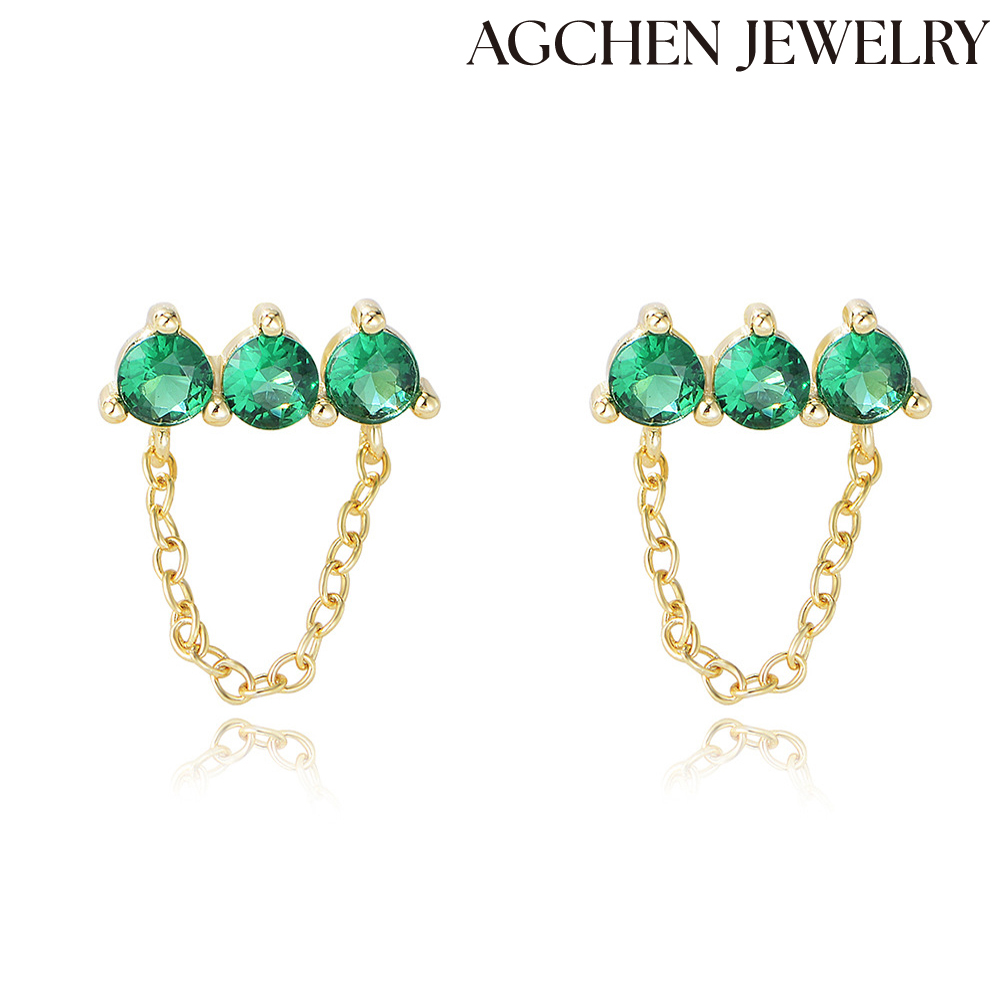 AGCHEN s925 Sterling silver emerald zircon earrings European and American simple personality chain fringe earrings trend earrings AGKE2486