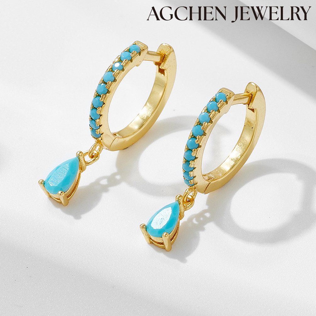 AGCHEN S925 sterling silver turquoise feather buckle earrings Female Europe and the United States ins high-end sense niche design AGKE1287