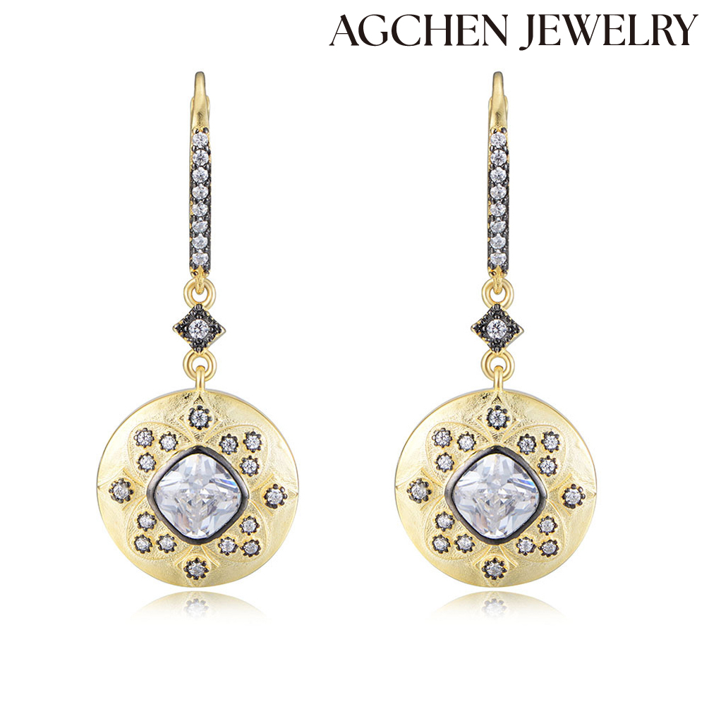 AGCHEN Hot European and American court retro earrings S925 sterling silver micro-inset zircon electroplated matte 14K gold earrings AGKE0908