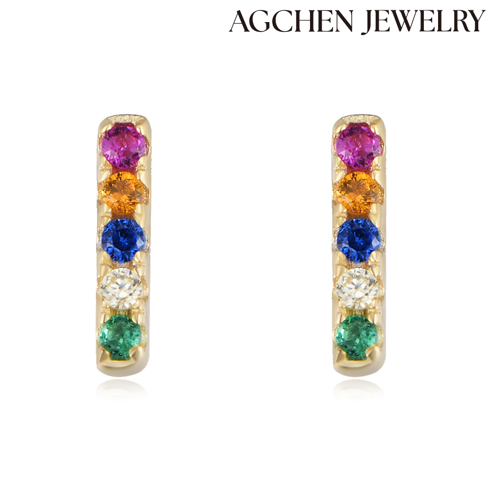 AGCHEN  Europe and the United States Ins hot saleColored Cubic Zirconia S925 Sterling Silver Earrings  Fashion Jewelry for women and girls AGKE0594