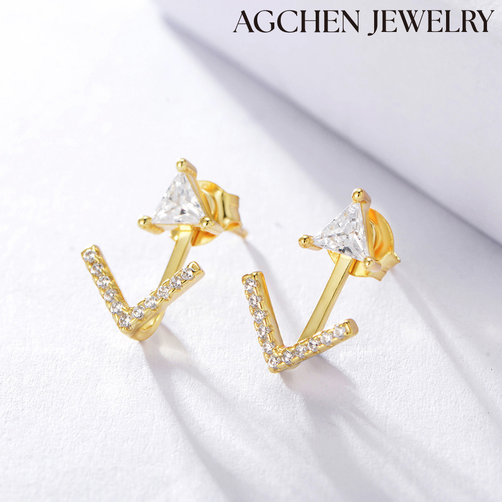 AGCHEN S925 Sterling silver rear-hanging geometric triangle arrow earrings European and American simple women's zircon earring trinket AGKE1179