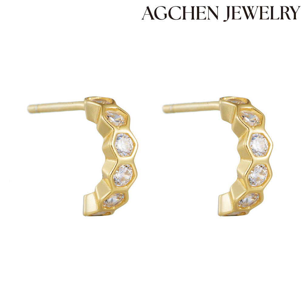 AGCHEN Simple and compact geometric hex AGonal Zircon earrings advanced s925 sterling silver earrings women ins all matching earrings AGKE0545