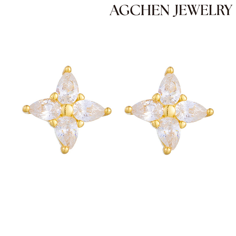 AGCHEN Four-leaf zircon sterling silver earrings Europe and the United States fashion niche design sleep without removing earrings AGKE0825