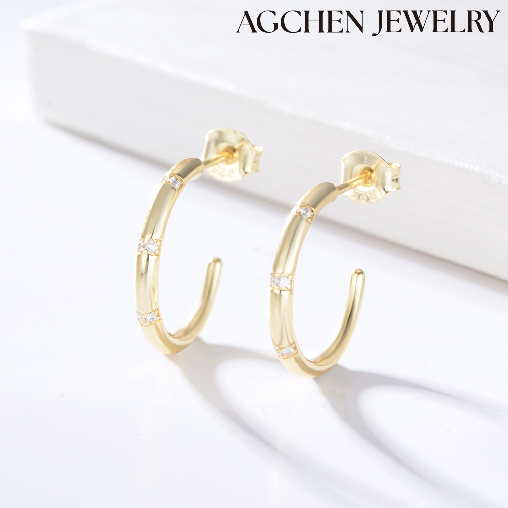 AGCHEN  S925 Sterling Silver C-Shaped Earrings with Cubic Zirconia female Europe and America ins design sense new accessorie AGKE2713