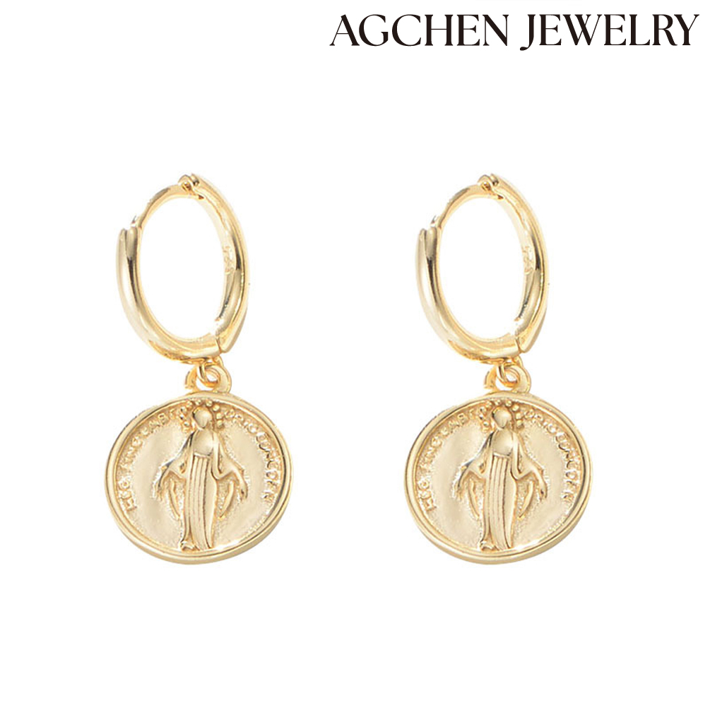 AGCHEN S925 sterling silver circle coin earrings female Europe and America ins vint AGe round brand coin relief portrait earrings AGKE1972