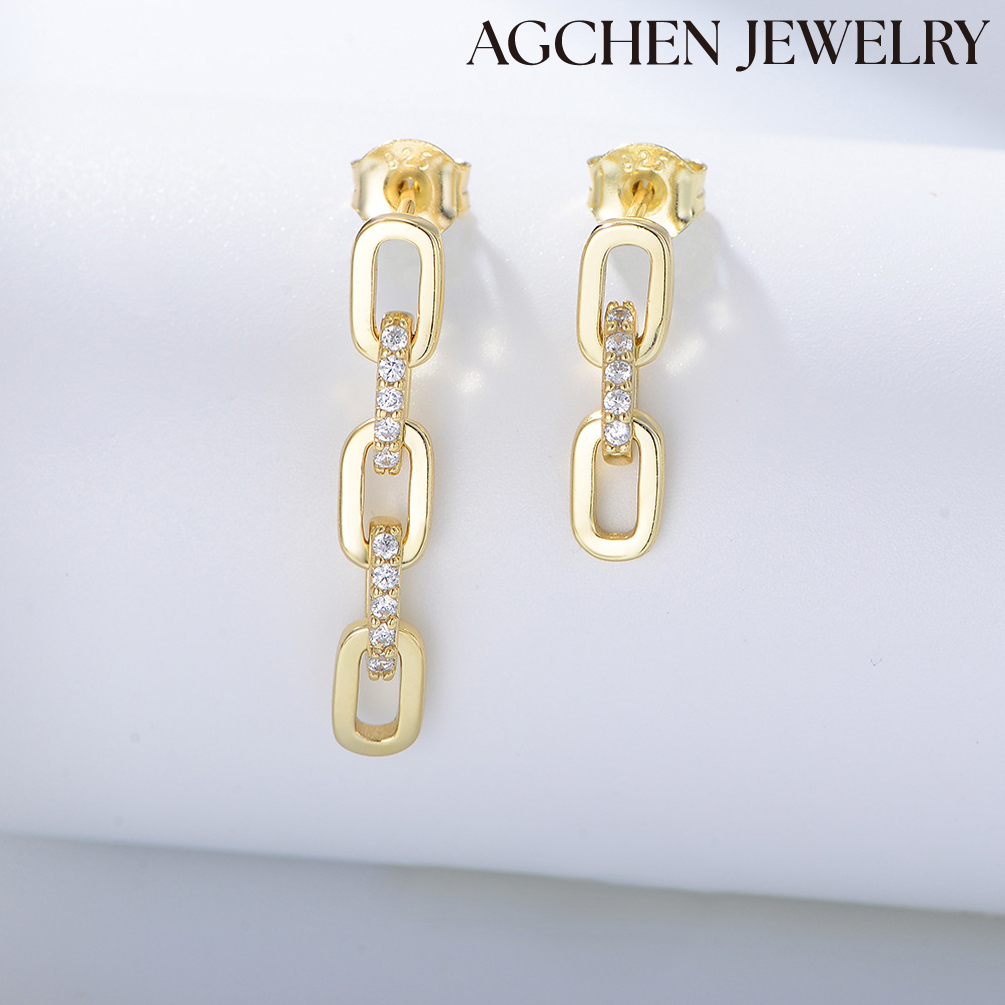 AGCHEN S925 Sterling silver personality retro cold wind chain earrings female European American punk long and short asymmetrical zircon AGKE2485