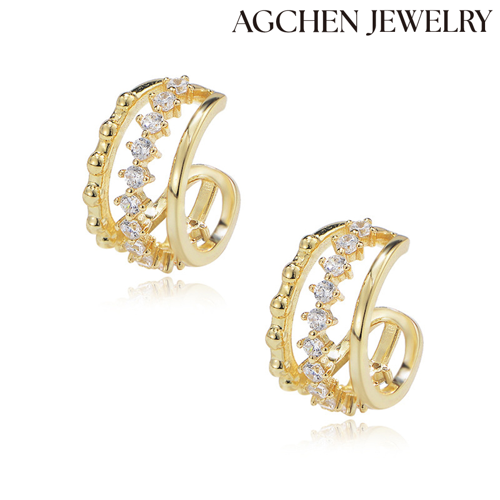 AGCHEN Cute Moon-Shaped S925 Sterling Silver Earrings with Zirconia Female Japanese and Korean temperament fresh look earrings AGKE3364