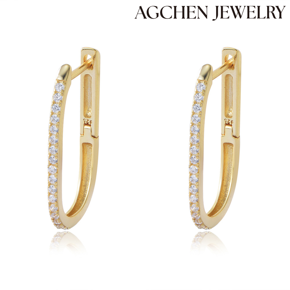 AGCHEN Europe and America ins style women's Simple S925 Sterling Silver Rectangular Earrings with Zirconia AGKE3232