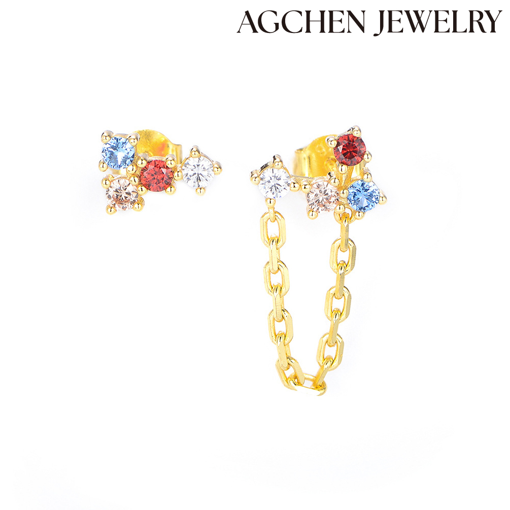 AGCHEN Europe and the United States asymmetrical color zircon chain earrings female s925 silver drop earrings high-grade jewelry AGKE3286