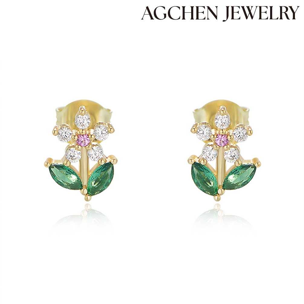 AGCHEN s925 Sterling silver small fresh Zircon flower earrings women advanced light luxury temperament earrings sweet Sen earrings AGKE3218