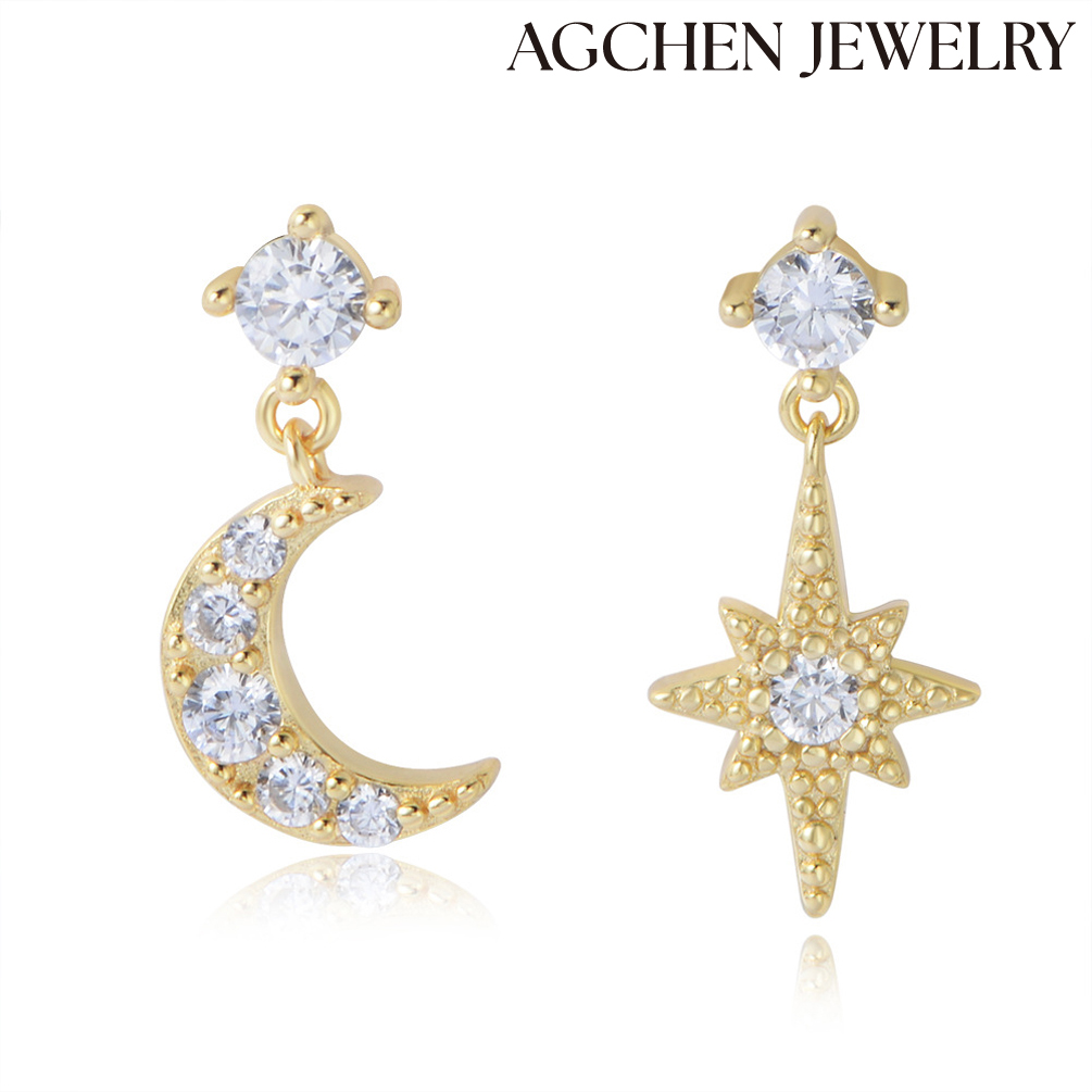 AGCHEN Europe and the United States Zircon earrings S925 sterling silver asymmetrical oct AGonal star moon earrings short earrings women AGKE3222