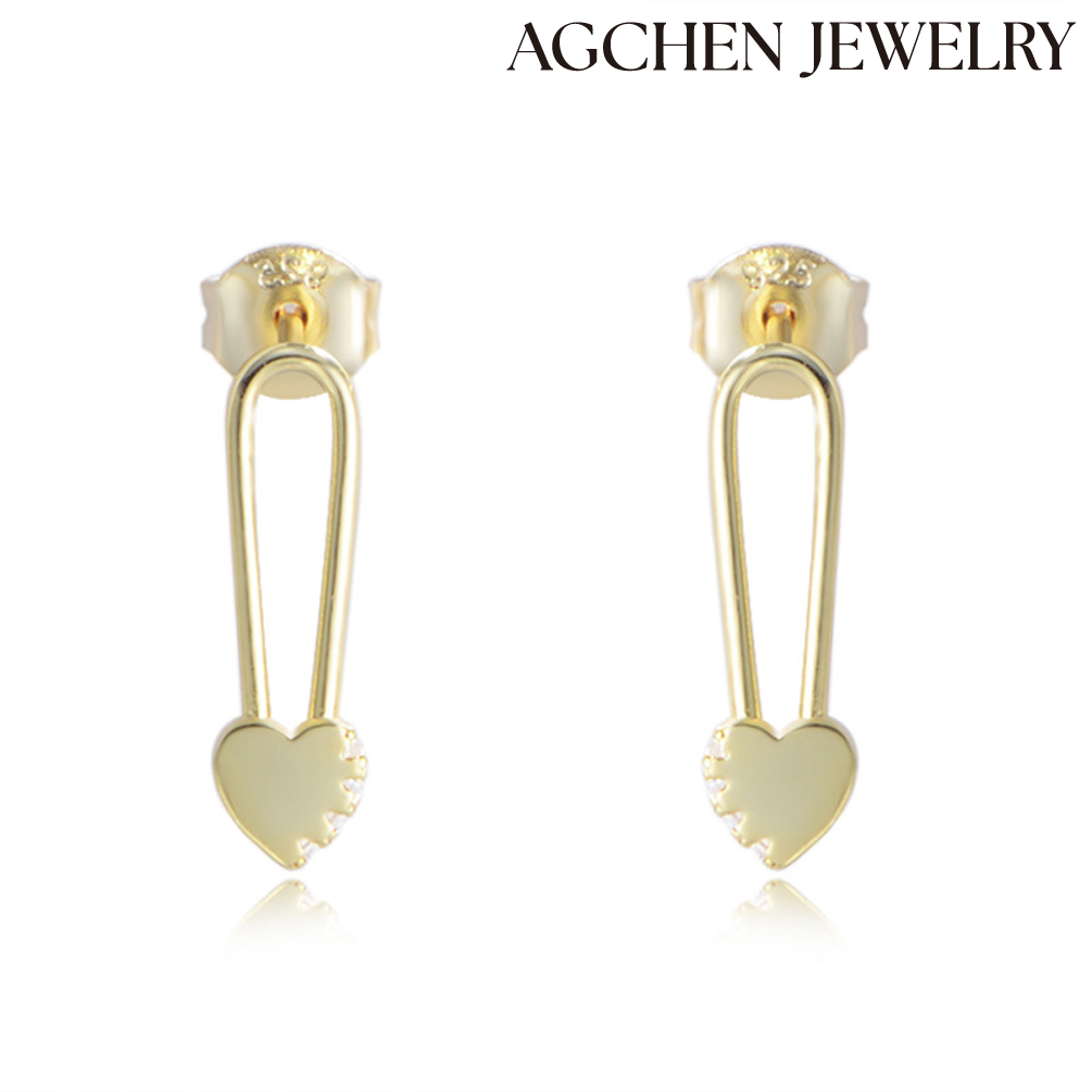 AGCHEN S925 Silver Korean edition small heart-shaped paper clip earrings female cute Japanese series diamond pin delicate earrings AGKE3258