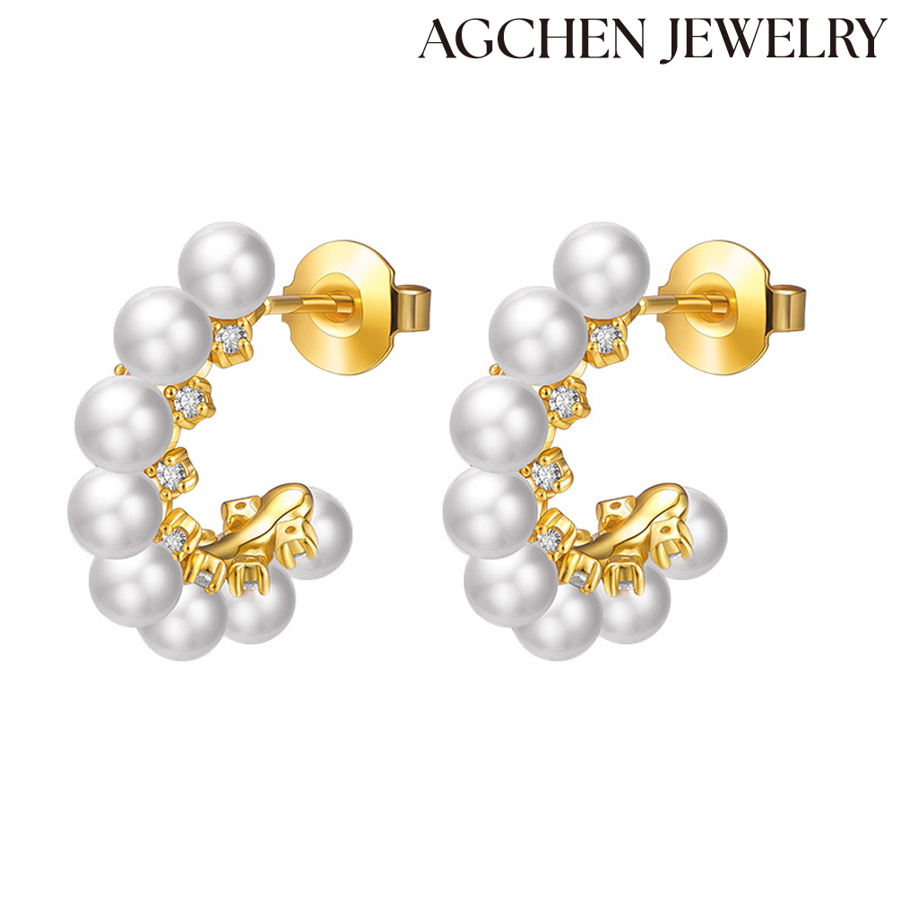 AGCHEN European and American hot-selling S925 Sterling Silver Pearl and Cubic Zirconia Earrings  for girls 2023 Gift AGKE3223