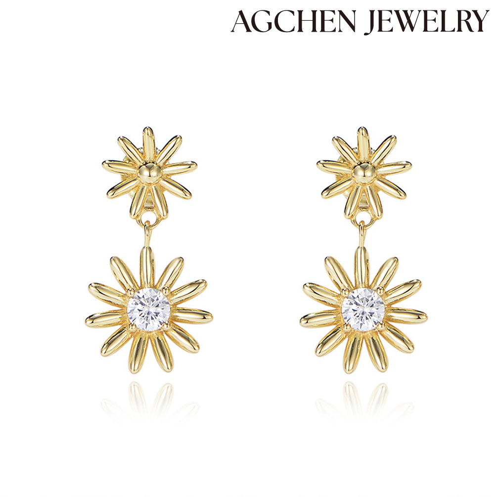 AGCHEN S925 Sterling silver Daisy flower diamond stud long earrings Europe and the United States ins small fresh fashion trend earrings AGKE3298