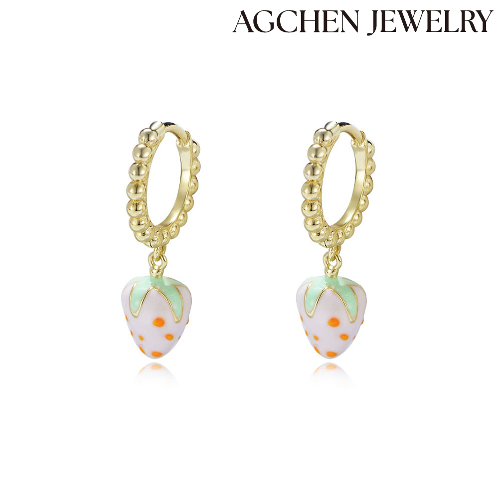 AGCHEN  S925 Sterling Silver Cute Strawberry Earrings Female Japanese and Korean temperament fresh look earrings AGKE3268