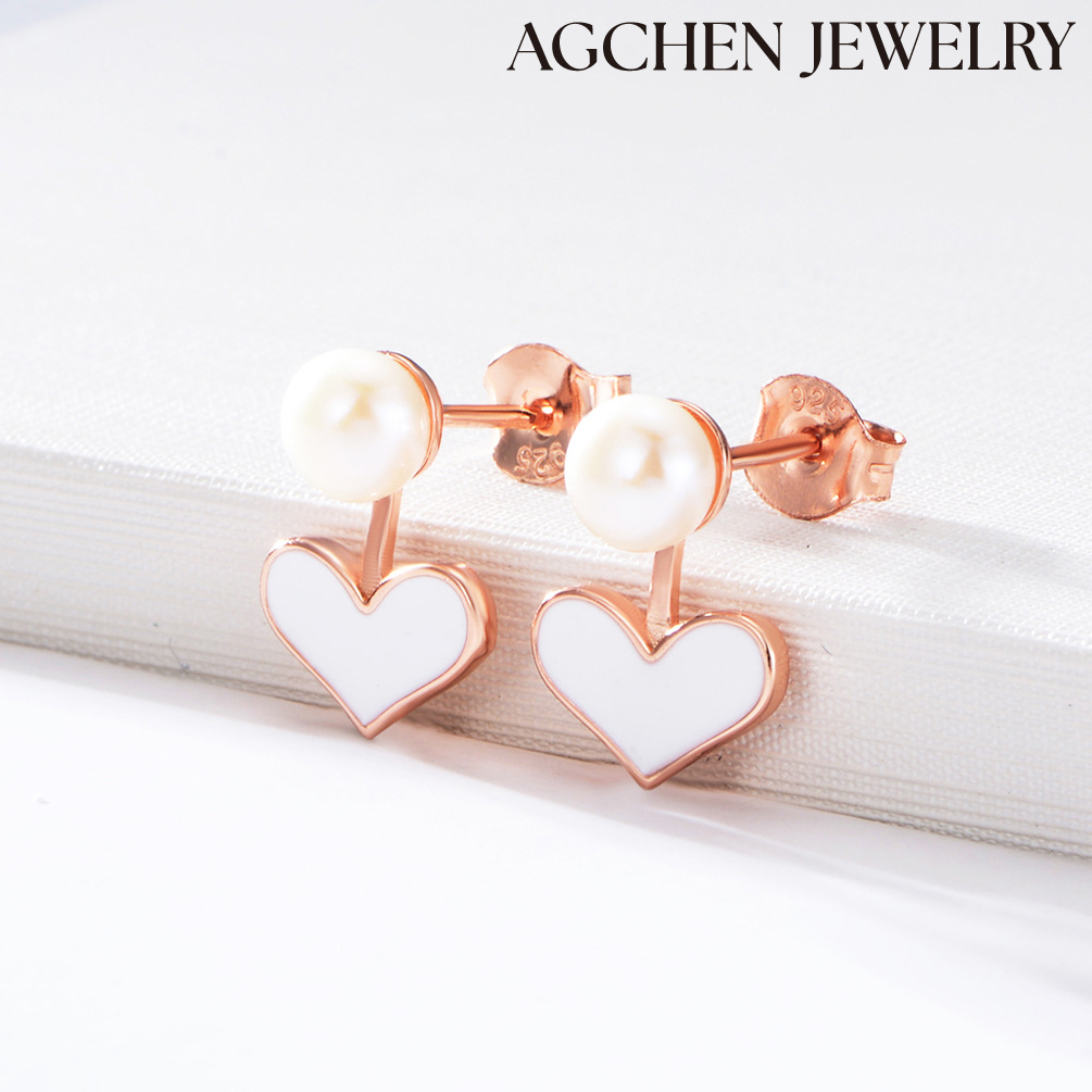 AGCHEN South Korea Dongdaemun earrings S925 sterling silver multicolor heart drop glue earrings female lovely sweet love pearl earrings AGKE2723