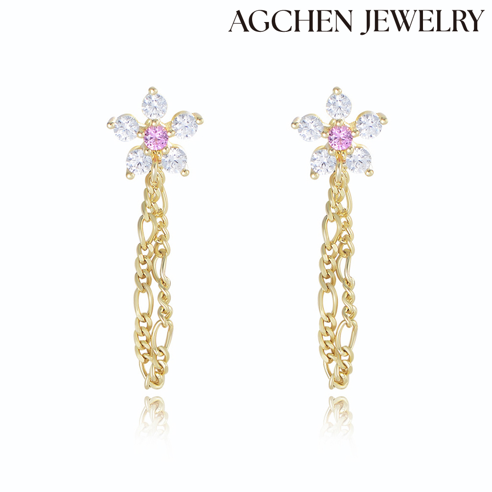 AGCHEN S925 sterling silver flower zircon geometric chain earrings niche creative personality studs earrings fashion hot sales products AGKE3219