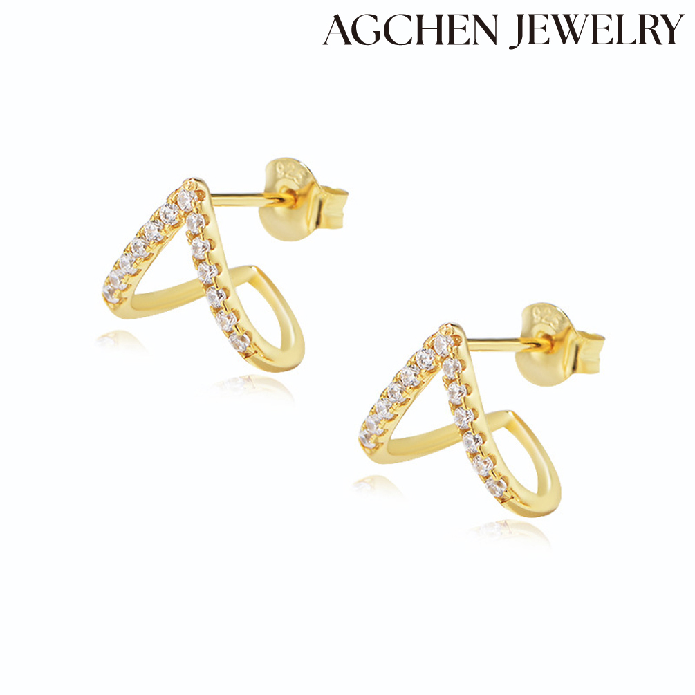 AGCHEN Sterling silver micro inlaid zircon geometric hollow triangle love three-dimensional earrings temperament trend earrings girl AGKE3289