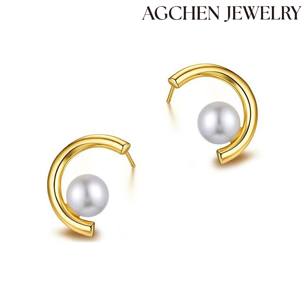 AGCHEN S925 sterling silver half circle C-shaped pearl earrings female European and American fashion vint AGe temperament stud earrings AGKE2722