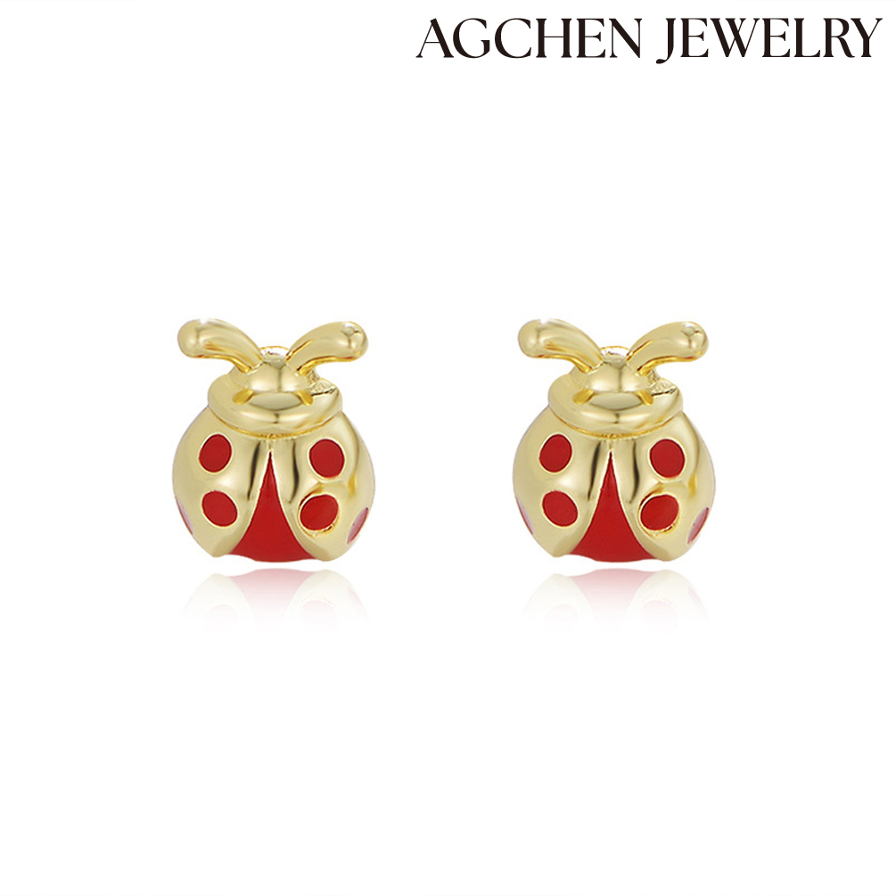 AGCHEN Europe and the United States cute fresh earrings enamel drop oil drop glue seven stars ladybug earrings female sterling silver AGKE3257